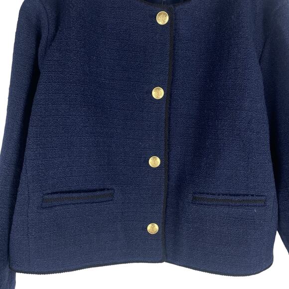 J. Crew Tweed Bomber Lady Jacket Wool Blend Navy Gold Button Size 14 - Picture 7 of 13